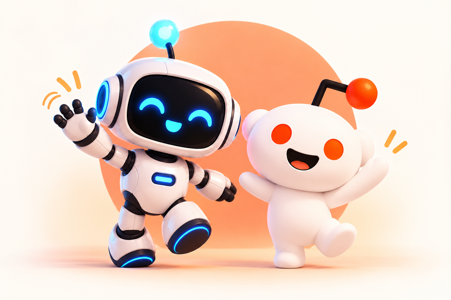 Reddish robot and mascot waving